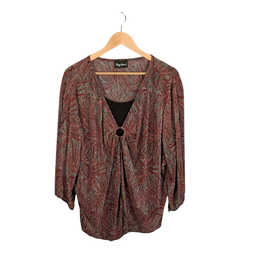 Maggie Barnes Sz 24 Top Red Black‎ Abstract Print 3/4 Sleeve Asymmetrical Sleeve